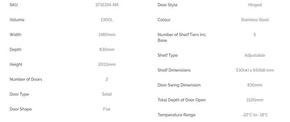 Bromic UF1300SDF-NR Upright Freezer 1300L - 2 Doors