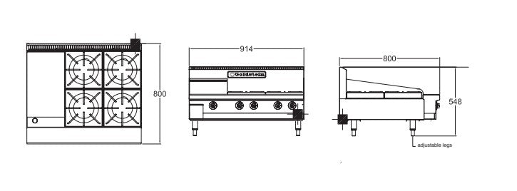 Goldstein PFB12G4 4 Burner Gas Cooktop & 305mm Griddle