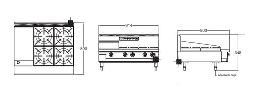 Goldstein PFB12G4 4 Burner Gas Cooktop & 305mm Griddle