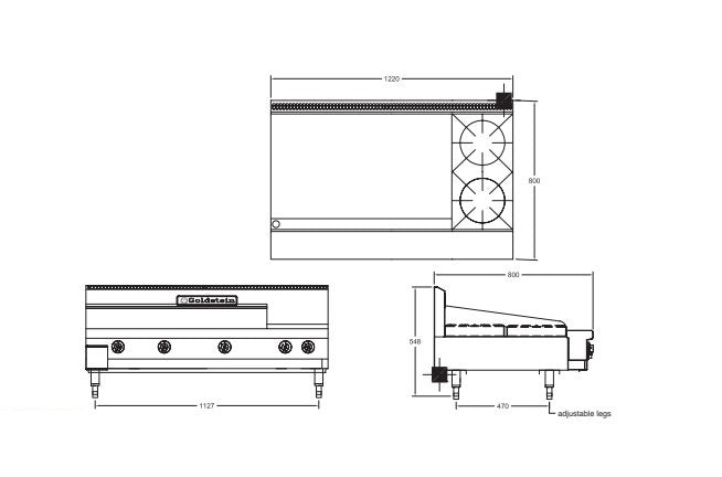 Goldstein PFB36G2 2 Burner Gas Cooktop & 914mm Griddle