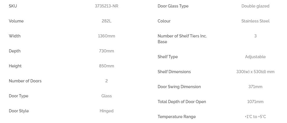 Bromic UBC1360GD-NR 2 Door Under Bench Display Fridge 282L