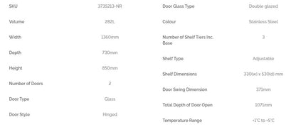 Bromic UBC1360GD-NR 2 Door Under Bench Display Fridge 282L