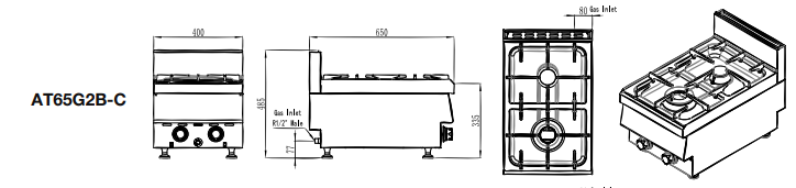 Cookrite 2 Burner Cooktop 650 LPG AT65G2B-C-LPG