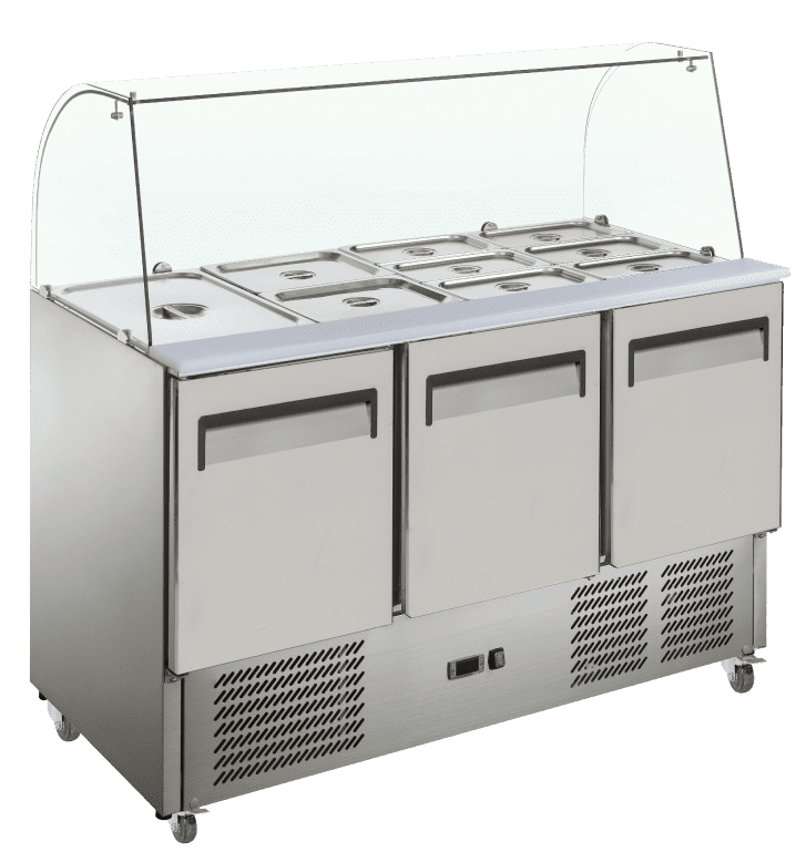 Exquisite SBC380 Three Door Stainless Steel Top Food Preparation Fridge with Glass Canopy