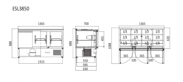 Atosa 3 Doors Sliding Lid Saladette Fridge 1365mm ESL3850