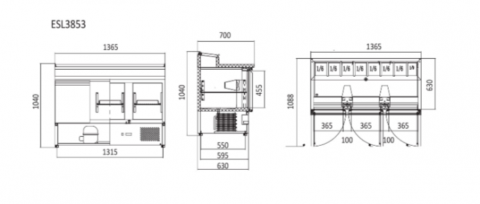 Atosa 3 Doors Open Top Saladette Fridge 1365mm ESL3853