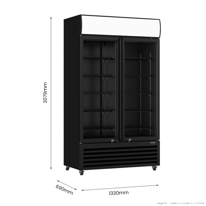 Thermaster LG-1200BP 1075L Two Glass Door Upright Drink Display Fridge – Black