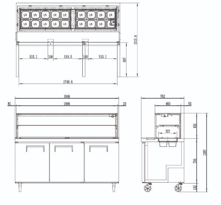 Atosa 3 Door Sandwich Bar w/ Glass Canopy 1846mm MSF8304G