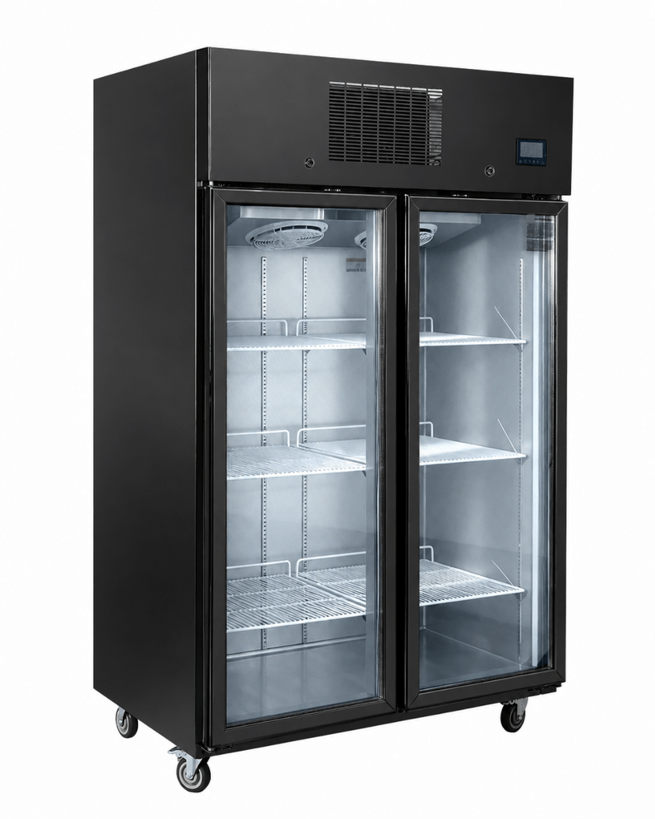 THERMASTER 1000L Full-Width Double Black Glass Door Upright Display Fridge SFWCG1000B