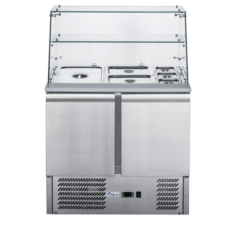 FED-X XS900GC Commercial Two Door Salad Prep Fridge with Glass Canopy – 240L