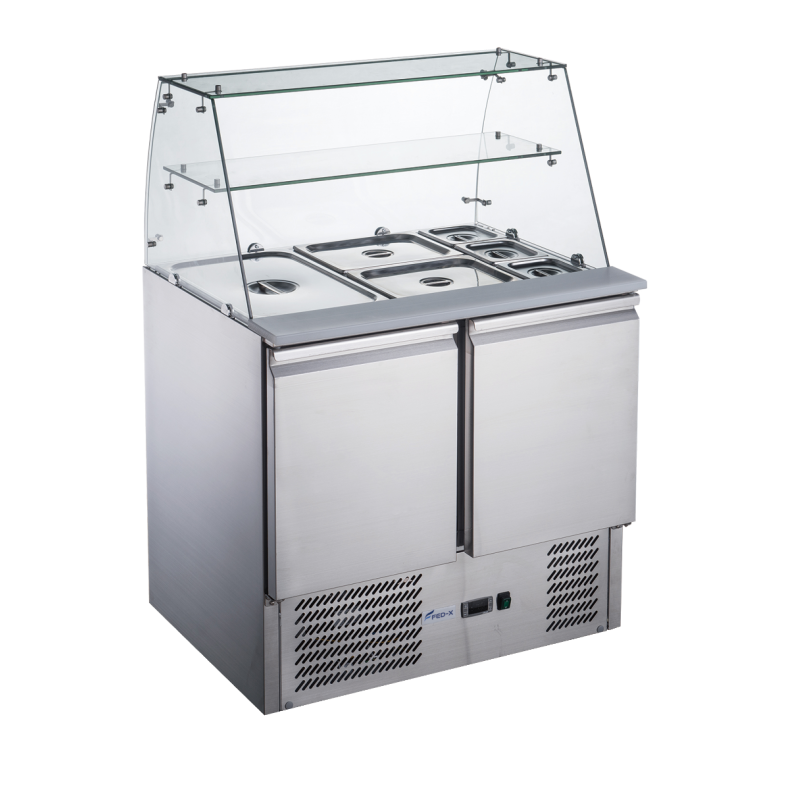 FED-X XS900GC Commercial Two Door Salad Prep Fridge with Glass Canopy – 240L