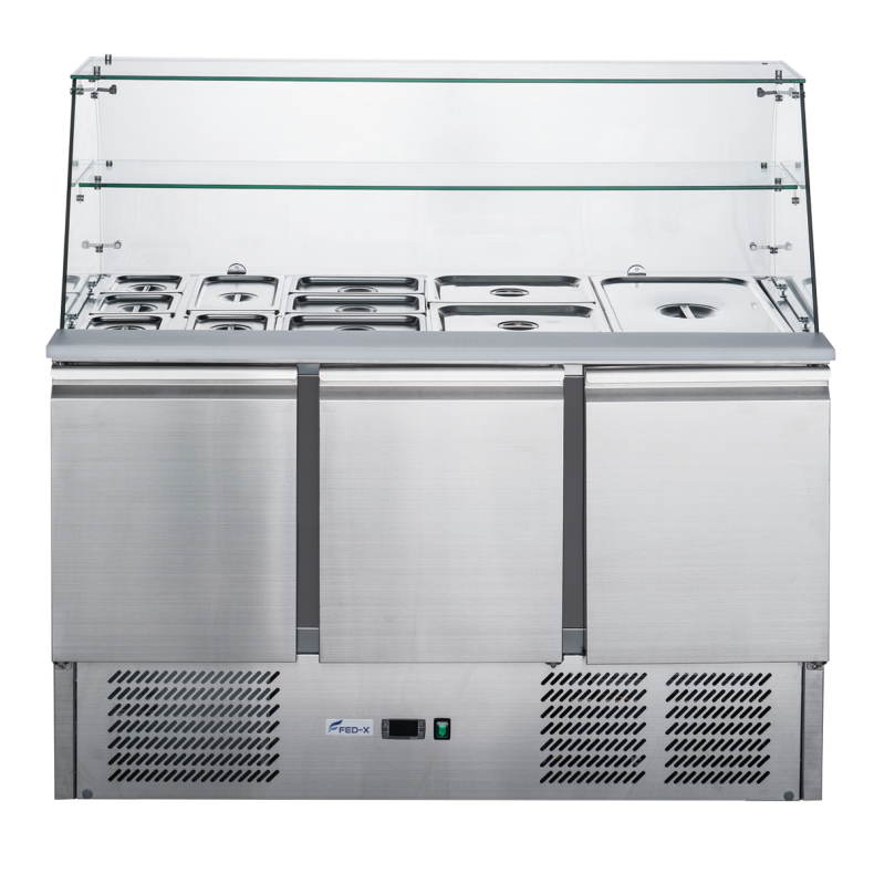 FED-X XS903GC Commercial Three Door Salad Prep Fridge with Glass Canopy – 368L