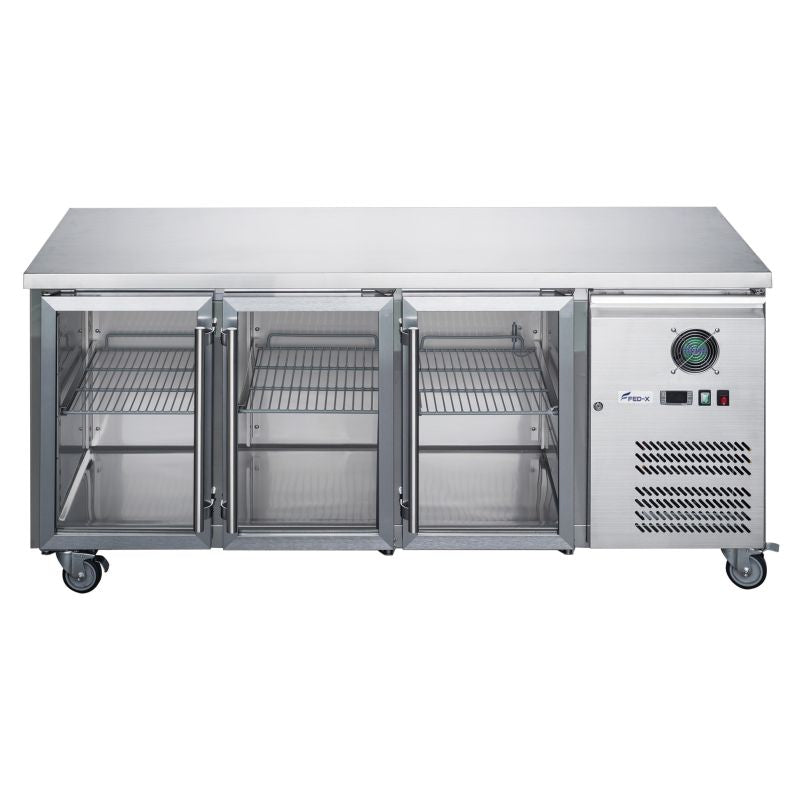 FED-X XUB7C18G3V Commercial Three Glass Door Bench Fridge – 417L Stainless Steel